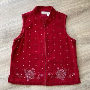 Red Corduroy Vest with Sequin Snowflakes Women's Petite Medium Holiday Bling 90s